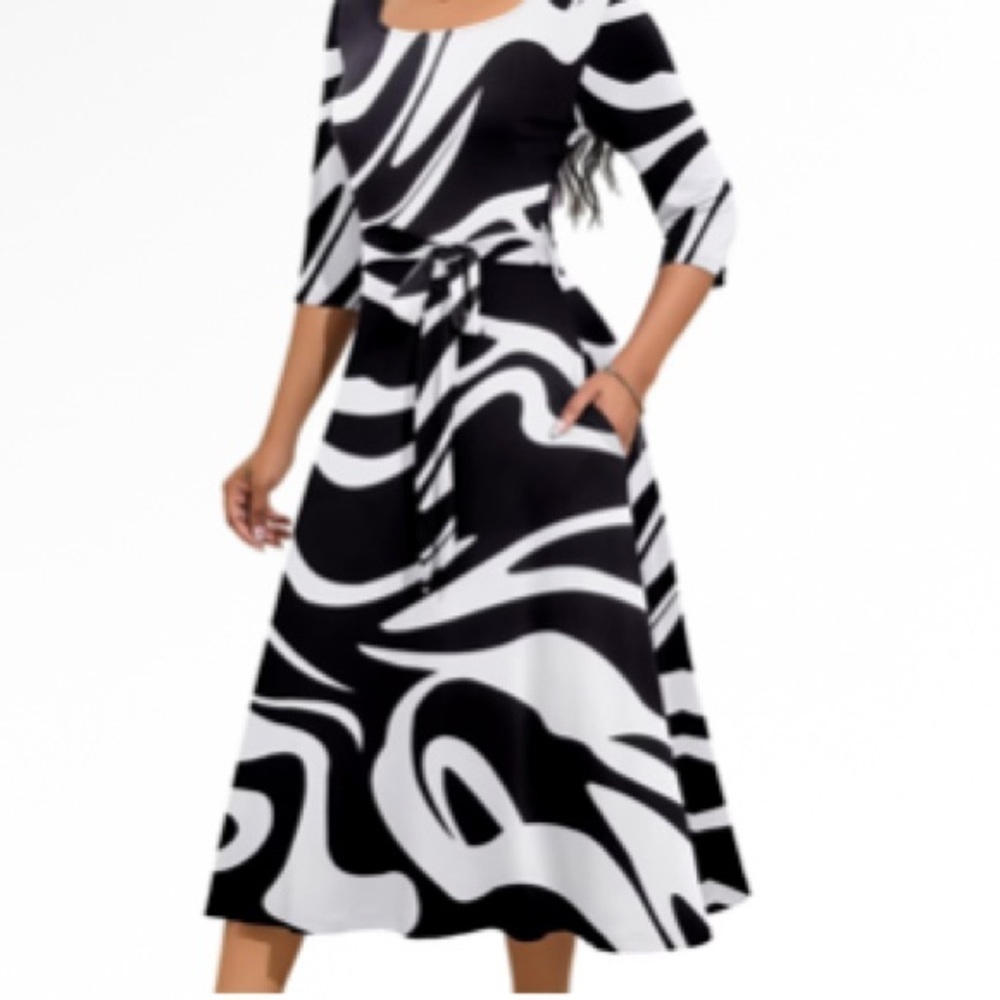Elegant 3-4 Sleeve Dress Neck Midi Dress Sleeved Floral Print Swing Sz S Women - Picture 1 of 6